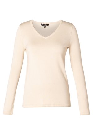 Lange mouwen, top met v-hals in lichtbeige, met een gladde textuur en een eenvoudig ontwerp. Gemaakt van comfortabele, lichte stof.