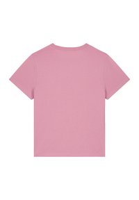 T-shirt en coton rose avec un col rond classique et des manches courtes, présentant une texture lisse et un design de couleur unie. Pas de graphismes ni de motifs.