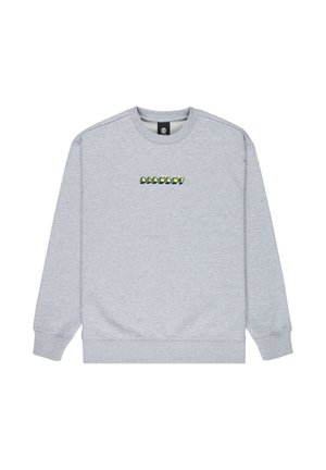 Svetlosivá mikina s okrúhlym výstrihom, s rebrovanými manžetami a lemom, s farebným textom „ELEMENT“ z veľkých blokových písmen uprostred na hrudi.