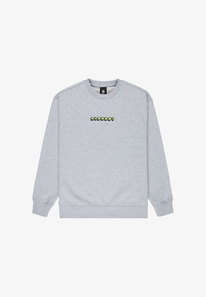 Svetlosivá mikina s okrúhlym výstrihom, s rebrovanými manžetami a lemom, s farebným textom „ELEMENT“ z veľkých blokových písmen uprostred na hrudi.