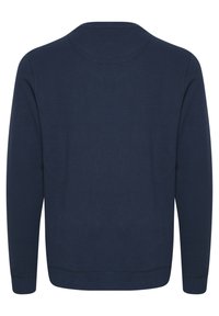 Marineblauw sweatshirt met een ronde hals, lange mouwen en geribbelde boorden. De stof lijkt zacht met een gladde textuur en zonder zichtbare patronen.