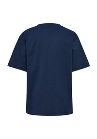 Ensfarvet mørkeblå bomuld T-shirt med korte ærmer, vist bagfra med rund halsudskæring og en lige kant.