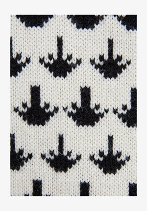 Adīts audums ar atkārtotu melnu lietussargu rakstu uz krēmkrāsas fona, demonstrējot teksturētu audumu ar smalku detaļu.