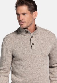 Beige gebreide trui met een hoge kraag, voorzien van een drie-knops sluiting. De textuur is ribbelig met subtiele vlekken van een donkere kleur.