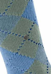 Calzino lavorato a maglia con un motivo argyle blu e verde, caratterizzato da cuciture blu a contrasto e un logo rotondo vicino alla parte superiore.