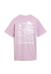Camiseta de algodón de color púrpura claro con estampados gráficos en blanco, incluyendo una calavera, un conejo de dibujos animados y elementos de texto en varios diseños.