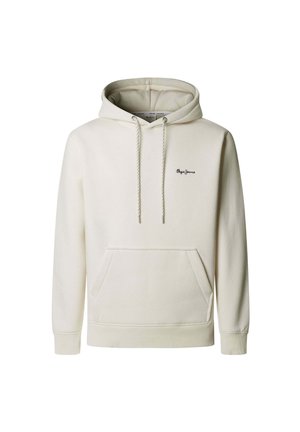 Sudadera crema con bolsillo canguro, capucha con cordón, puños y dobladillo acanalados, con un pequeño logo negro en el pecho. Textura de tela suave.