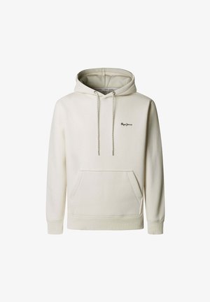 Haut à capuche crème avec une poche kangourou, capuche à cordon, poignets et ourlet côtelés, arborant un petit logo noir sur la poitrine. Texture de tissu douce.