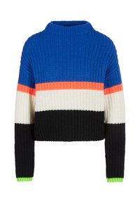 Strickpullover mit hohem Kragen, verkürztem Design, kräftigen blauen, orangefarbenen, weißen, schwarzen und grünen Streifen sowie geripptem Texture.