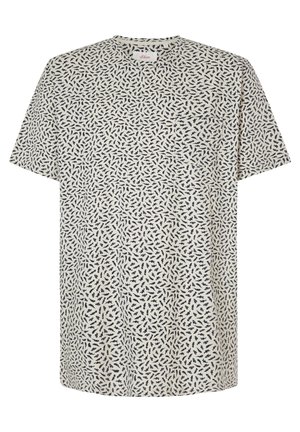 Kurzärmliges T-Shirt in Creme mit einem navyfarbenen Blättermuster, Rundhalsausschnitt und lockerer Passform, aus weichem, atmungsaktivem Stoff gefertigt.