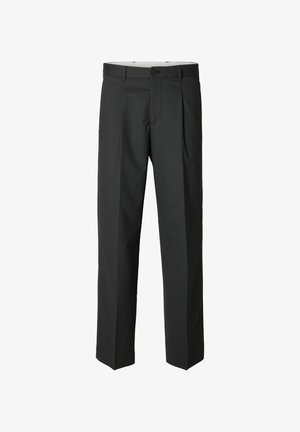 Dark gray tailored trousers with a straight leg design, featuring a flat front, slight pleats, and a button closure at the waist.