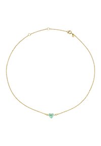 Guld kædehalv med en central mintgrøn hjerteformet sten, prydet med små perler på hver side som accent. Glat tekstur.
