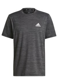 Herrarnas kortärmade T-shirt, mörkgrå med en melerad textur. Har en rund hals och vit Adidas-logga på vänster bröst.