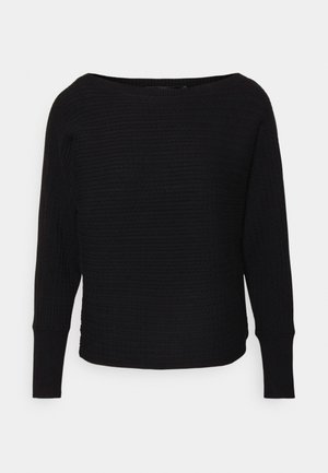 Maglione nero a maniche lunghe con coste orizzontali testurizzate e un ampio scollo a barchetta.