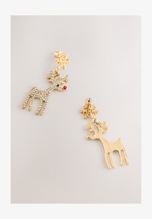 Gold reindeer-shaped earrings with crystal accents, red nose, and snowflake detail. Textured and smooth finishes on individual pieces.