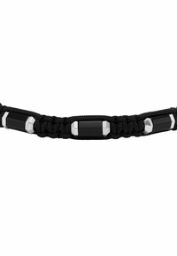 Schwarzes geflochtenes Armband mit metallischen sechseckigen Akzenten und rechteckigen Perlen, das ein strukturiertes Design für Strapazierfähigkeit zeigt.