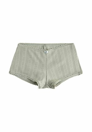 Lichtgroene katoenen shorts met gestructureerde strepen en golvende randen. Beschikt over een klein etiket met de merknaam "self."
