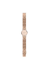 Roségoldene Uhr mit rundem Ziffernblatt, strukturiertem Mesh-Armband und minimalistischen Stundenmarkierungen. Verfügt über ein poliertes Gehäuse und eine Schliesse aus Metall.