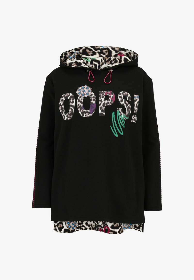 Black hoodie with leopard print-lined hood and hem, "OOPS!" text in leopard pattern with decorative embellishments and green scribble on front.