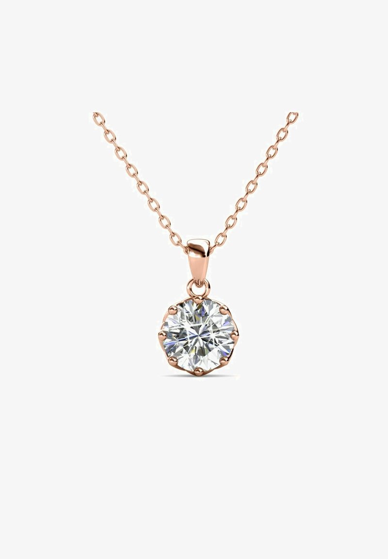 Roze gouden ketting met een octagonaal hanger en een grote, heldere, faceted steen, vastgehouden door zes pootjes aan een delicate ketting.
