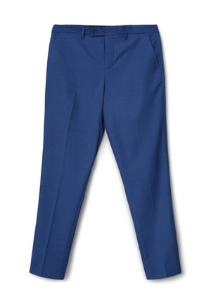 Pantalons ajustés bleus en tissu lisse, avec un devant plat, deux poches latérales et une fermeture à bouton unique à la taille.