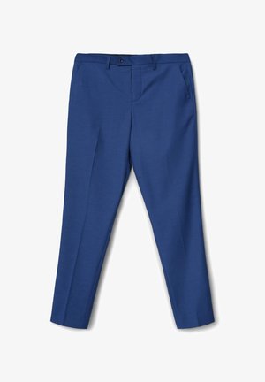 Pantalons ajustés bleus en tissu lisse, avec un devant plat, deux poches latérales et une fermeture à bouton unique à la taille.