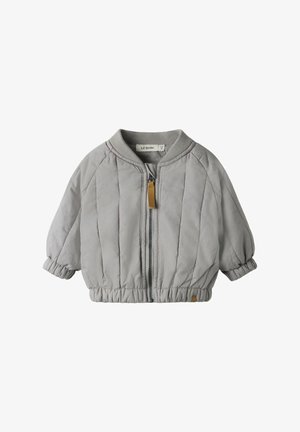 Grau gesteppte Jacke mit vollem Reißverschluss, elastischen Bündchen und abgerundetem Saum. Verfügt über einen Leder-Ziehlaschen und einen gerippten Kragen für eine bequeme Passform.