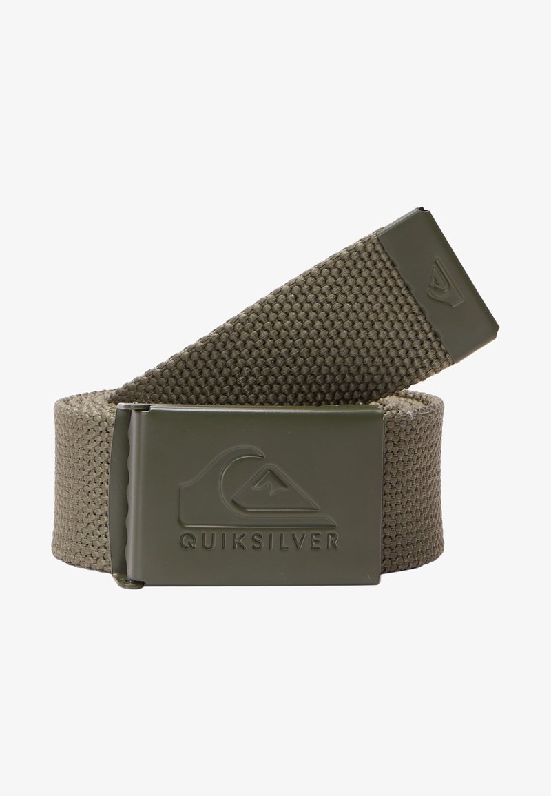 Ceinture en tissu tissé vert olive avec boucle en plastique et métal avec le logo Quiksilver en relief sur le devant.