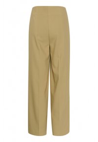 Beige leveleleg trousers med en glat tekstur, der har to baglommer og en skræddersyet pasform, designet til en afslappet silhuet.