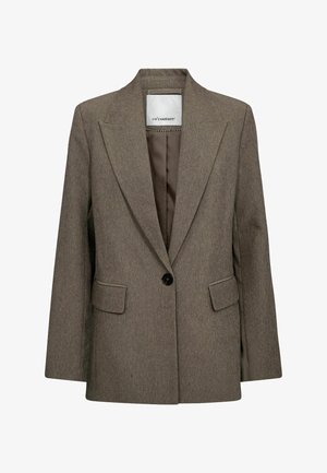 Blazer marron sur mesure avec un revers marqué, fermeture à un bouton, deux poches avant et une doublure intérieure lisse. Tissu texturé.