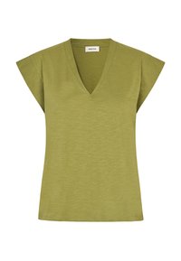 Oliven grønn kortermet topp med V-hals. Lett, glatt tekstur med avslappet passform og side-seam detaljer.