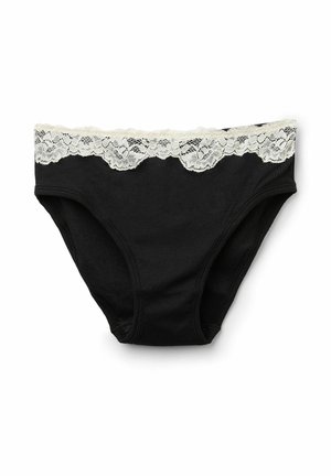 Schwarze Baumwollslips mit einer weißen Spitzenborte am Bund, mit gerippter Textur und nahtlosen Seiten für zusätzlichen Komfort.