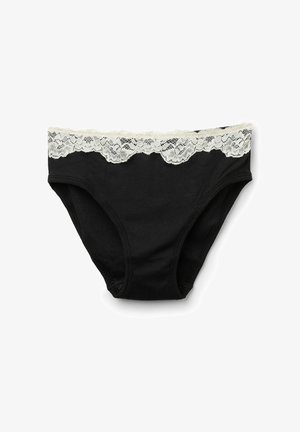 Black cotton brief with a white lace trim at the waistband, featuring a ribbed texture and seamless sides for comfort.