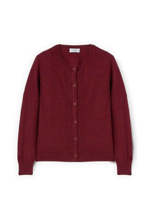 Cardigan in magenta lavorato a maglia con maniche lunghe, scollatura rotonda e chiusura con bottoni. Presenta motivi texturizzati e orlo e polsini a coste.
