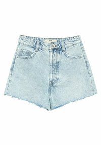 Shorts de mezclilla en azul claro con cintura alta, dobladillo deshilachado y dos bolsillos frontales. Cierre con botón estándar y cremallera.