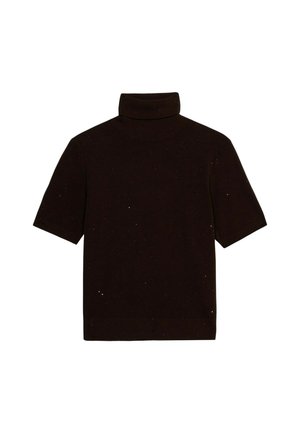 Dunkelbrauner Strickpullover mit kurzen Ärmeln und Stehkragen, der einen gerippten Kragen und eine dezente gesprenkelte Textur aufweist.