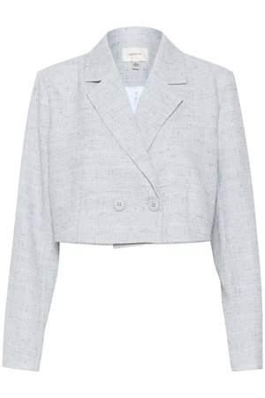 Strihnutý, svetlošedý blazer s textúrovanou tkaninou, s klopami a dvojradovým zapínaním, ktorý má dva zodpovedajúce gombíky.