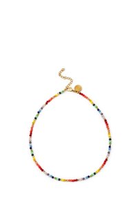 Collana di perline con perline di vetro multicolori in varie forme, con finiture in tono oro e un'estensione a catena per lunghezza regolabile.