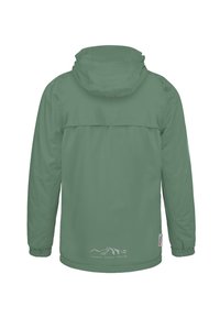 Leichte grüne Jacke mit Kapuze, elastischen Bündchen, einem Rückenschlitz und einem Logo-Grafik von Bergen nahe dem Saum. Glatte Textur.
