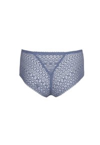 Blauw kanten hipsterondergoed voor dames met geometrische en bloemmotieven, plat weergegeven op een witte achtergrond.