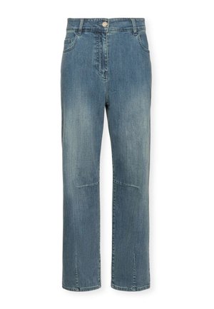 Jeans in denim blu chiaro con un design a gamba dritta, dettagli cuciti, tasche frontali e chiusura con bottone in vita.