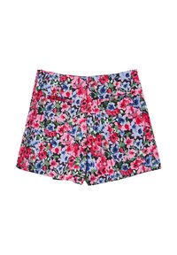 Blumen-Shorts aus einem mehrfarbigen Stoff mit pinken, blauen und grünen Blumen auf schwarzem Hintergrund. Enthält zwei Gesäßtaschen.
