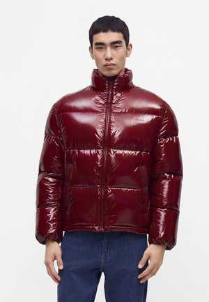 Mann trägt eine glänzende burgunderrote Steppjacke mit hohem Kragen und blaue Jeans, steht vor einem einfachen weißen Hintergrund.