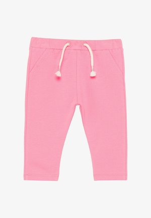Pink cotton blend pants with a soft texture, featuring an elastic waistband and drawstring with white tassels, and two front pockets.