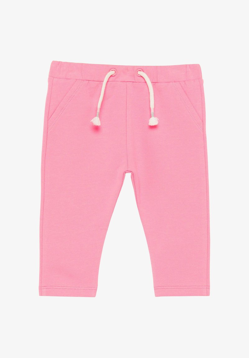 Pantalon rose en mélange de coton avec une texture douce, doté d'une taille élastique et d'un cordon de serrage avec des pompons blancs, ainsi que deux poches avant.