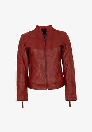 Rote Lederjacke mit Stehkragen, vertikalen Nähten, Reißverschlussschluss und seitlichen Reißverschlusstaschen. Glatte Textur.