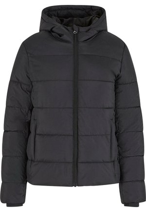 Svart pufferjakke med hette, horisontale sømdetaljer, hel glidelås foran og elastiske mansjetter. Glatt tekstur og isolert design for varme.