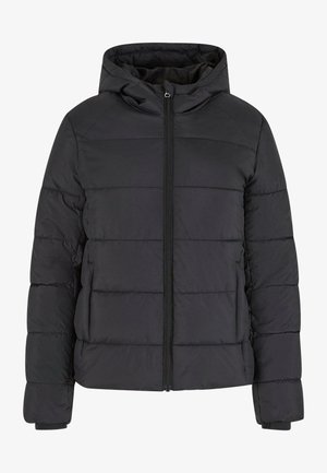 Čierna nadýchaná bunda s kapucňou, horizontálnym švom, plným zipsom na prednej strane a elastickými manžetami. Hladká textúra a zateplený dizajn pre pohodlie a teplo.