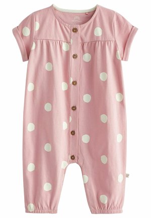 Lichtroze babyoverall met korte mouwen, witte polka dots, knoopsluiting aan de voorkant en elastische boorden bij de pootopeningen.
