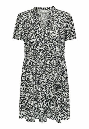 Black and white short-sleeve dress with V-neck and small floral print, fitted waist, and flared skirt.